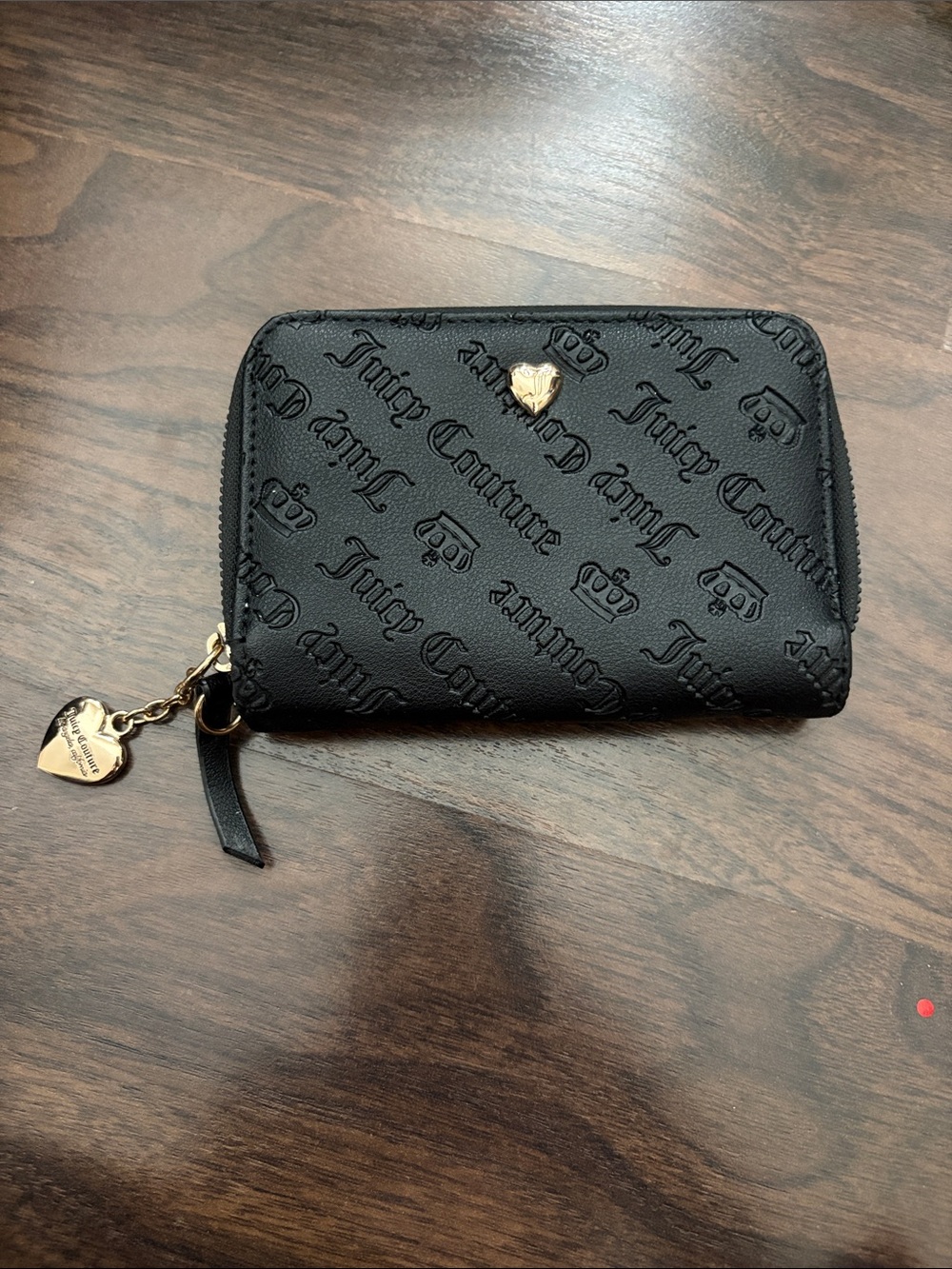 Juicy Couture Black Logo Zip Wallet with Gold Heart Charm